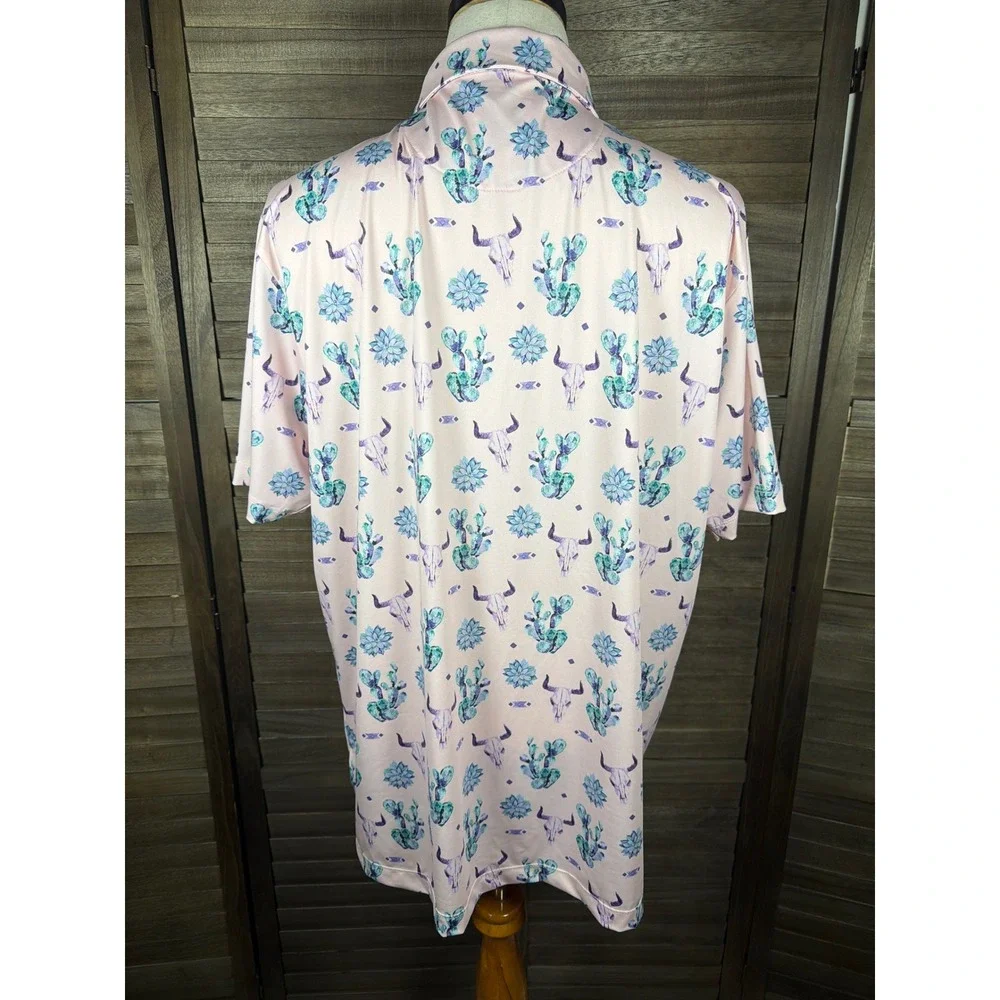 Bad Birdie Mens 2XL Golf Polo Pink Southwestern Cactus Steer Skull Print Shirt